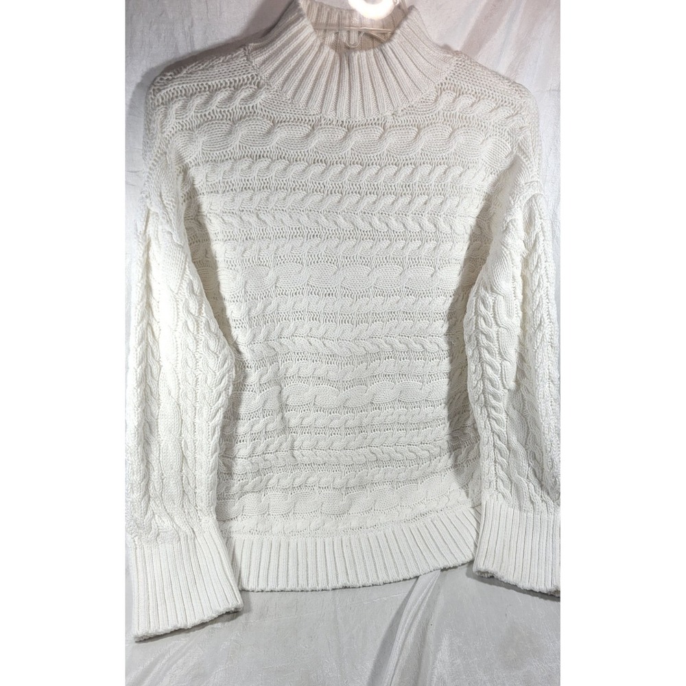 Haven Well Within Women's Organic Cotton Cable Knit Mock Neck White Sweater - M